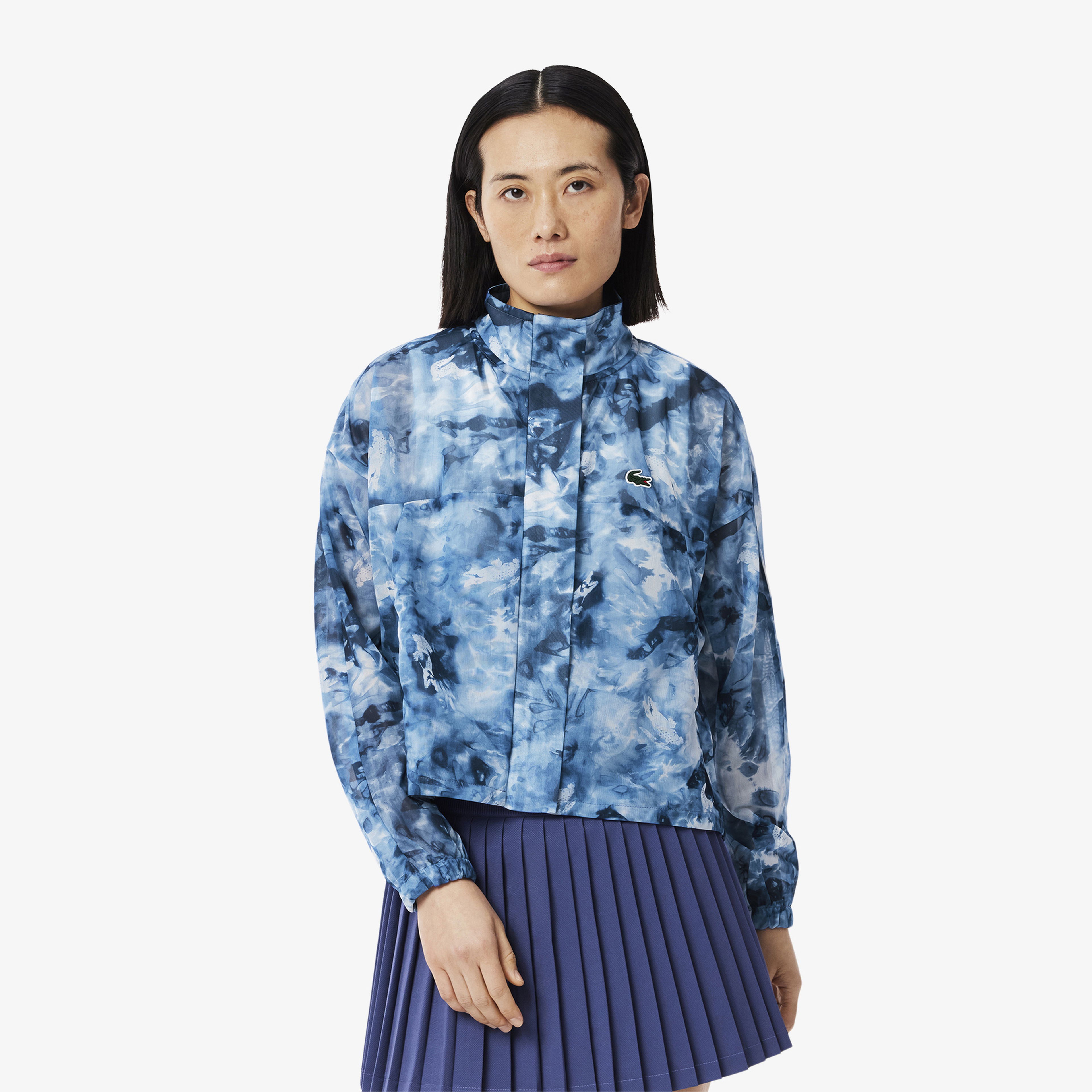 Lacoste Kadın Relaxed Fit Dik Yaka Desenli Mavi Ceket